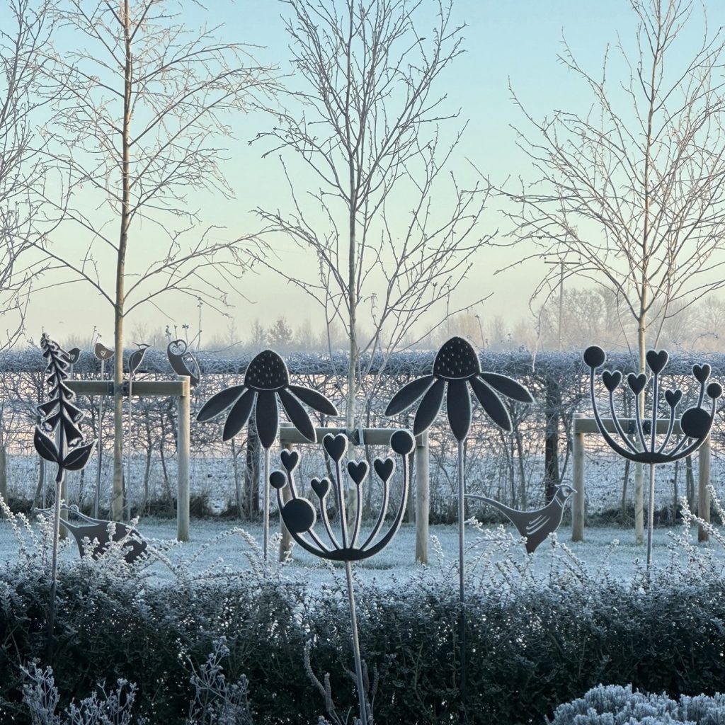 Metal Garden Sculptures in the snow